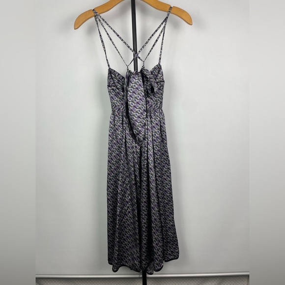 Anne Leman Black Purple Peacock Feather Print Strappy 100% Silk Flowy Dress - Picture 4 of 7